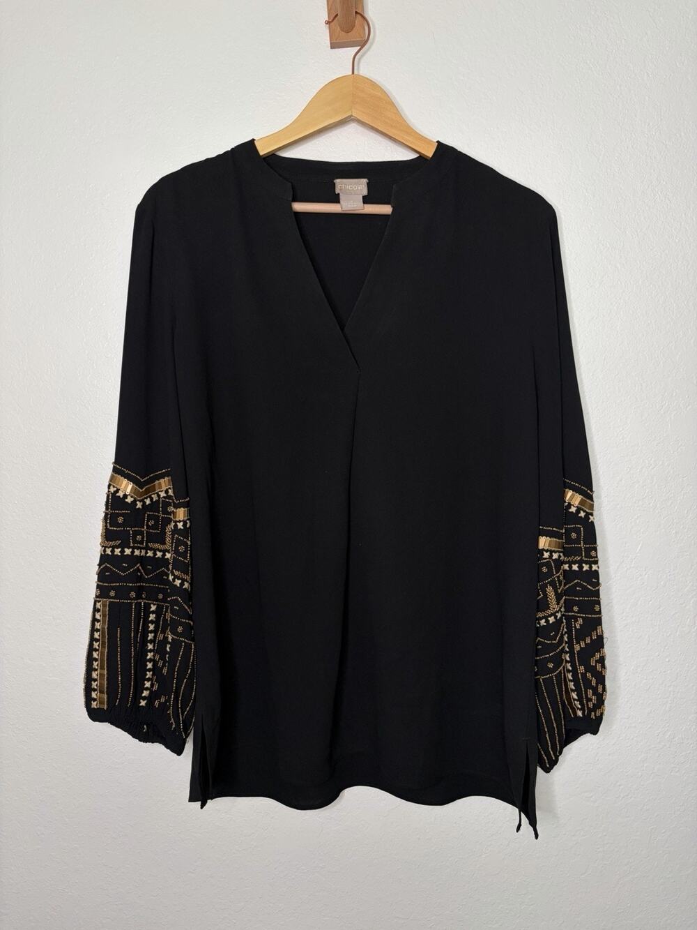 Chico's Black V-Neck Beaded Peasant Blouse Size 2 Modern Boho Chic Eclectic Glam